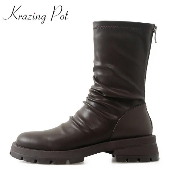 Ботинки Челси Krazing Pot на среднем каблуке с круглым носком в стиле K-POP, высокие модные плиссированные сапоги до середины икры с украшением в стиле интернет-знаменитостей
