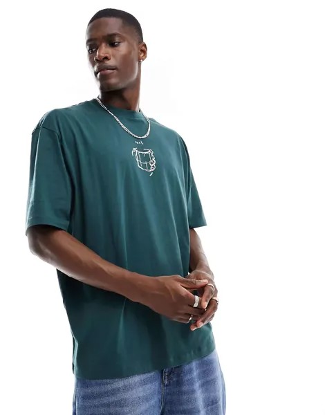 Оверсайз-футболка темно-зеленого цвета с рисунком на груди ASOS