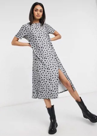 Серое платье-футболка миди в стиле oversized с принтом в виде пятен Urban Threads-Серый