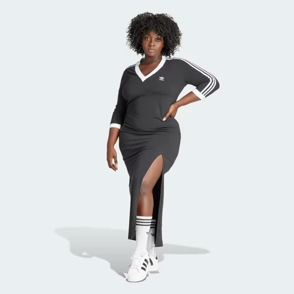 Платье макси с 3 полосками и V-образным вырезом Adicolor Classics (большие размеры) Adidas, цвет Black