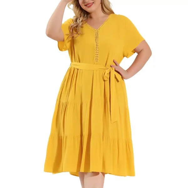Женское летнее платье миди больших размеров с v-образным вырезом и завязками на талии для выпускного вечера Agnes Orinda, желтый