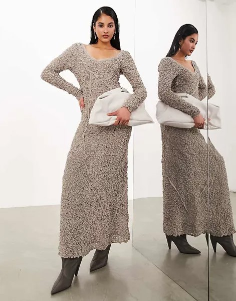 Светло-бежевое платье макси ASOS EDITION – с жатой структурой, декоративной строчкой и овальным вырезом