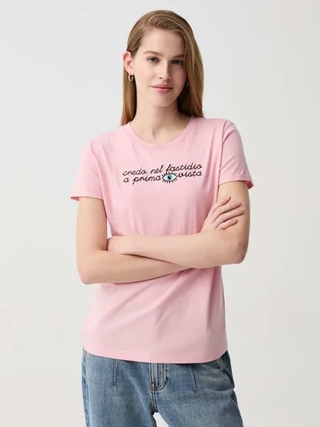 Хлопковая футболка с вышивкой надписей Ovs, цвет pastel pink