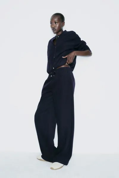 Широкие текстурные брюки ZARA, темно-синий