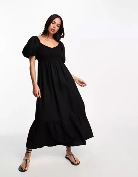 Черное платье миди с присборенным лифом и рукавами-буфами New Look