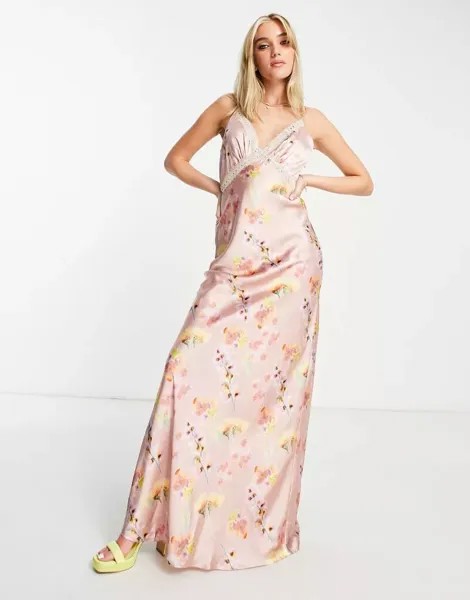 Сиреневое платье макси из атласного кружева с цветочным принтом Hope & Ivy
