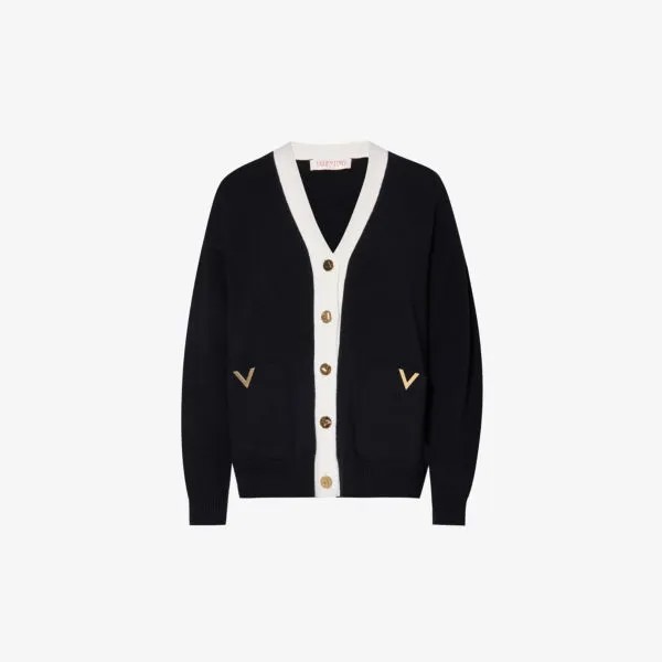 Шерстяной вязаный кардиган с v-образным вырезом и vlogo Valentino Garavani, цвет nero/avorio