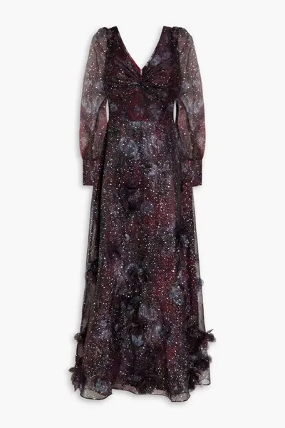 Платье из органзы с перекрученным цветочным принтом Marchesa Notte, слива