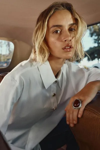 Рубашка из поплина с золотой пуговицей ZARA, белый