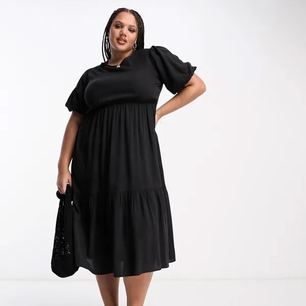 Платье Wednesday's Girl Curve Shirred Puff Sleeve Midi, черный