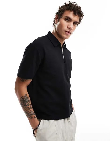 Черная рубашка-поло свободного кроя на молнии ASOS DESIGN