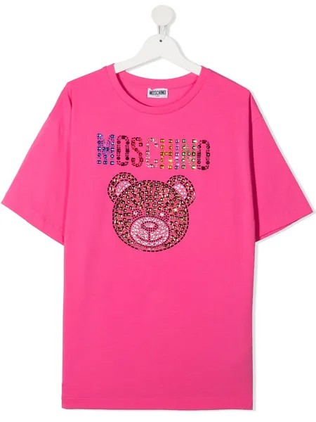 Moschino Kids футболка с круглым вырезом и логотипом со стразами