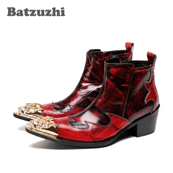 Ботинки Batzuzhi мужские в итальянском стиле Rock, высотой 6 см, винно-красные, золотистые, остроконечный металлический носок, мужские короткие сапоги, сценические, для ночного клуба