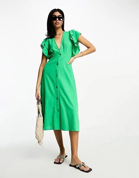 Зеленое платье миди с развевающимися рукавами Vila