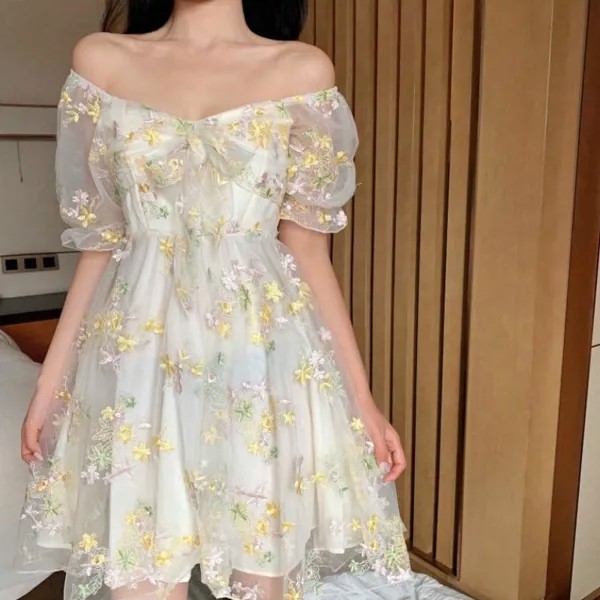 Французский цветочное платье женщины сексуальный слоеный рукав кружева Шифон Печата Мини платье женщины Летний корейский стиль Винтаж Фея платье Новый 2020