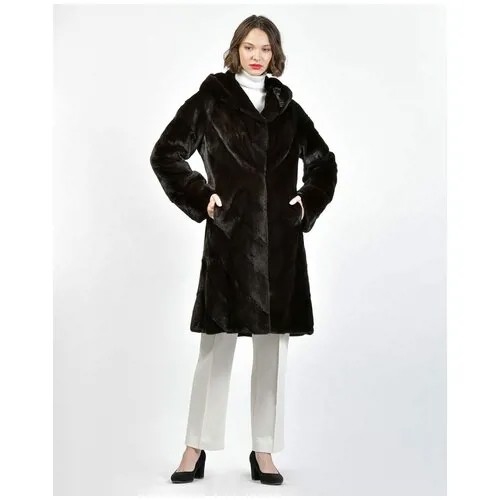 Пальто Mala Mati, норка, силуэт прилегающий, капюшон, пояс/ремень, размер 44, черный