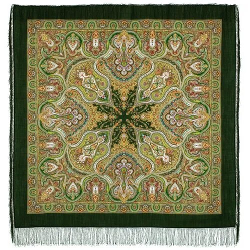 Шаль Павловопосадская платочная мануфактура, шерсть, с бахромой, 146х146 см, коричневый, зеленый