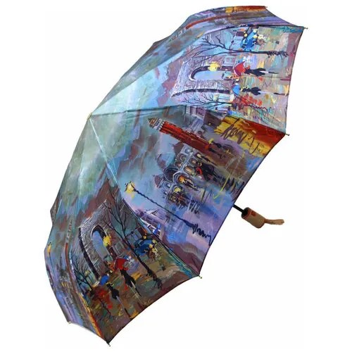 Зонт Popular, автомат, 3 сложения, купол 105 см., 10 спиц, система «антиветер», чехол в комплекте, для женщин, бежевый, синий