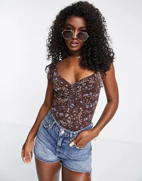Коричневое боди доярки из сетки с цветочным принтом 90-х годов ASOS