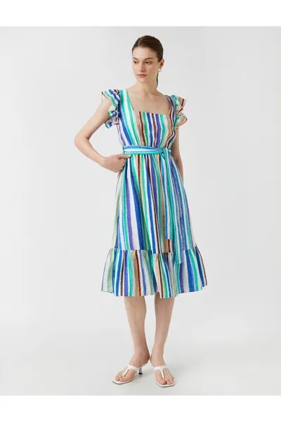 Платье-миди с оборками на поясе Koton, разноцветный