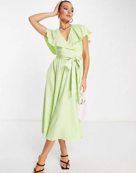 Платье миди салатового цвета с присборенной талией и расклешенными рукавами Closet London-Зеленый цвет