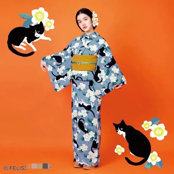Халат-кимоно для девочек традиционный японский с принтом кошки и цветов, юката, с бантом на поясе, сабо, пижама, вечерний костюм для косплея