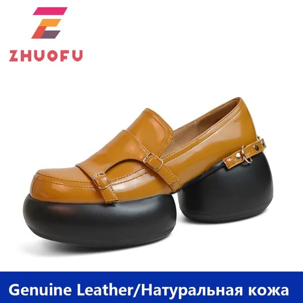 Женские лоферы ZHUOFU 2022 на платформе, дизайнерские туфли с круглым каблуком в стиле ретро, панк, японский стиль, лакированная кожа, обувь для в...