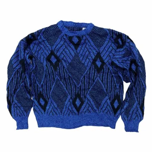 Винтажный вязаный свитер с круглым вырезом размер M / L Boxy Fit Cosby Style Pattern Blue