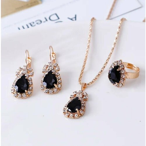 Комплект бижутерии Fashion jewelry: кольцо, колье, серьги, кристалл, размер колье/цепочки 42 см., золотой