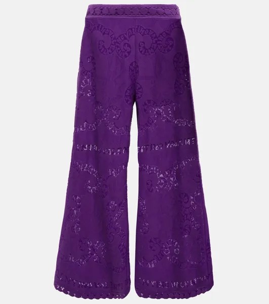 Широкие брюки с вышивкой из смесового хлопка VALENTINO, фиолетовый
