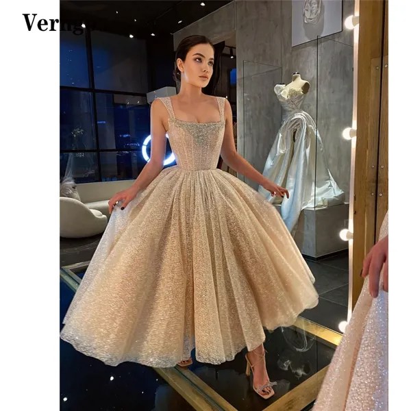 Блестящее кружевное платье для выпускного вечера Verngo цвета шампанского, с блестками, с бусинами и квадратным вырезом, пушистое женское вече...