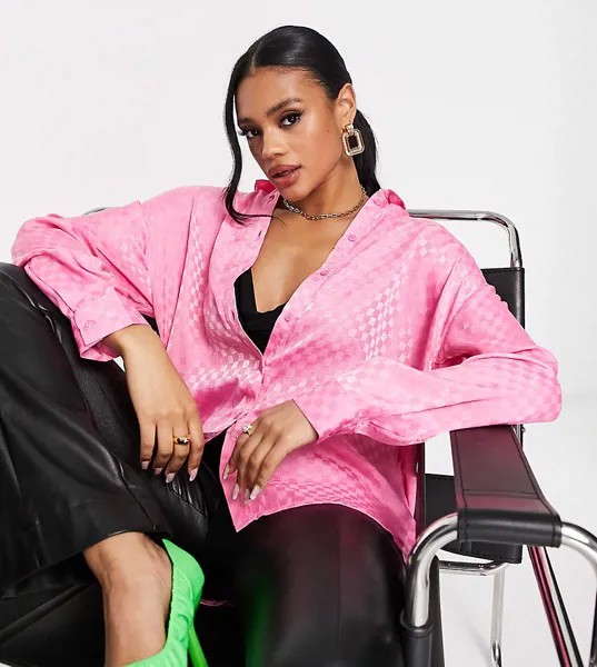 Розовая атласная рубашка в шахматную клетку с длинными рукавами Missguided-Розовый цвет