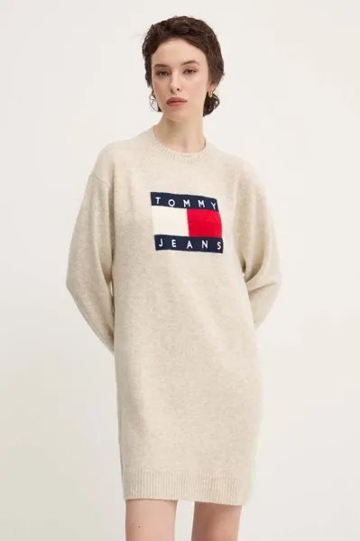 Платье из смесовой шерсти Tommy Jeans, бежевый