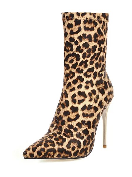 Milanoo Women Ankle Boots Leopard Print Pointed Toe Stiletto Heel 3.9 Booties