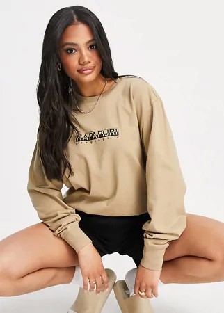 Бежевый oversized-лонгслив с принтом Napapijri – эксклюзивно для ASOS-Белый