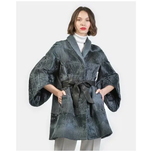 Пальто , каракуль, силуэт трапеция, пояс/ремень, размер 44, серый