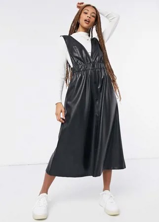 Черный сарафан миди из искусственной кожи на пуговицах ASOS DESIGN