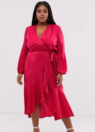 Ярко-розовое атласное платье миди с запахом Flounce London Plus-Оранжевый
