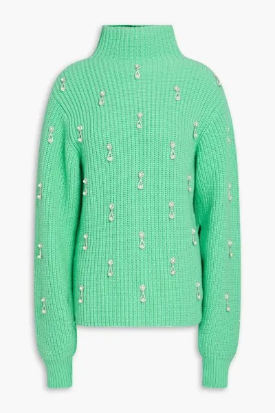 Украшенный шерстяной свитер в рубчик с высоким воротником Oscar De La Renta, мятный