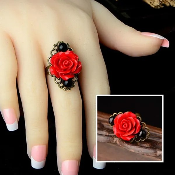 Готический стиль Регулируемые черные бусины Красная роза Цветок Античная бронза Кольца для женщин Национальные ювелирные изделия