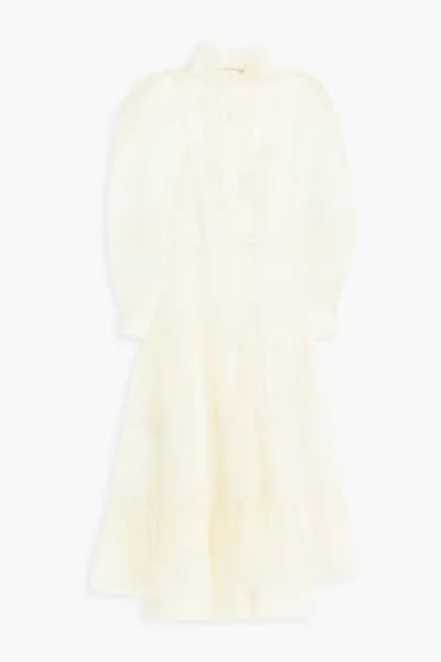 Платье миди из шелковой органзы со сборками в горошек Tory Burch, слоновая кость