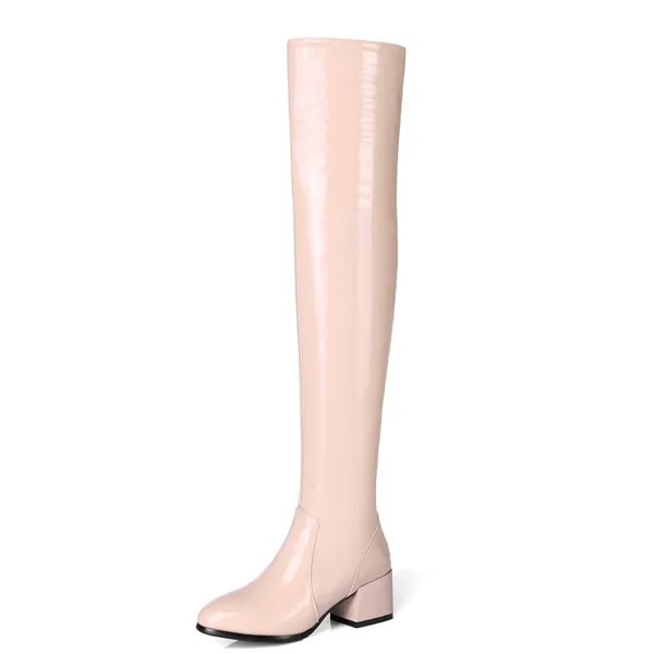 Женские облегающие сапоги выше колена, черные, персиковые сапоги из лакированной кожи, с круглым носком, на среднем каблуке, для зимы