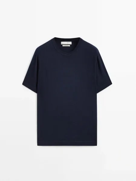 Трикотажная футболка из смеси шерсти и кашемира Massimo Dutti, темно-синий