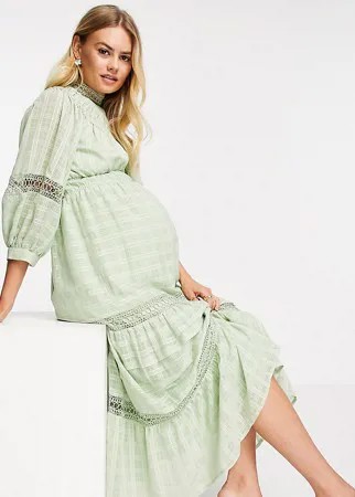 Шалфейно-зеленое платье миди в фактурную клетку с высоким воротником и кружевными вставками ASOS DESIGN Maternity-Зеленый цвет