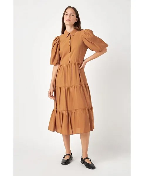 Женское платье миди с рукавом четверть и галстуком-бабочкой English Factory, коричневый