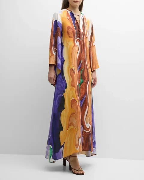 Льняное платье макси со шнуровкой и принтом Rainbow Flames DOROTHEE SCHUMACHER, цвет Rainbow Flames