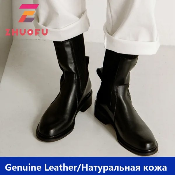 ZHUOFU 2023 Новые однотонные сапоги до середины икры без шнуровки зимняя обувь на среднем квадратном каблуке Лидер продаж женские сапоги из нату...