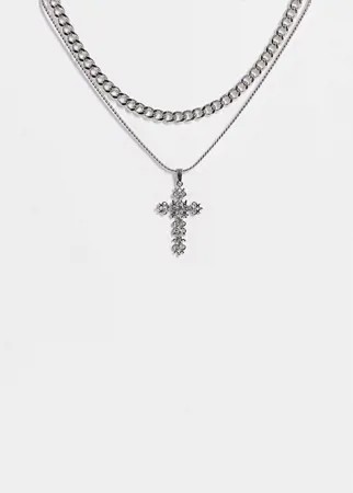 Серебристое ожерелье-цепочка с массивными звеньями и с крестиком со вставками Topshop-Серебристый