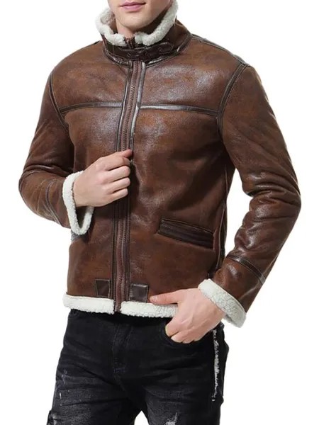 Milanoo Men Leather Jackets PU Leather Windbreaker Coffee Brown Stylish Winter Coats