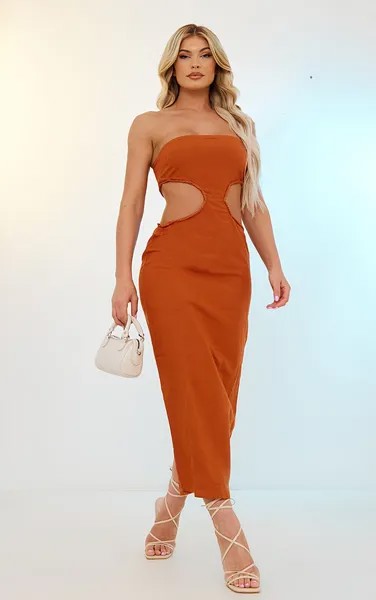 PrettyLittleThing Льняное платье-бандо цвета ржавчины с вырезом по бокам